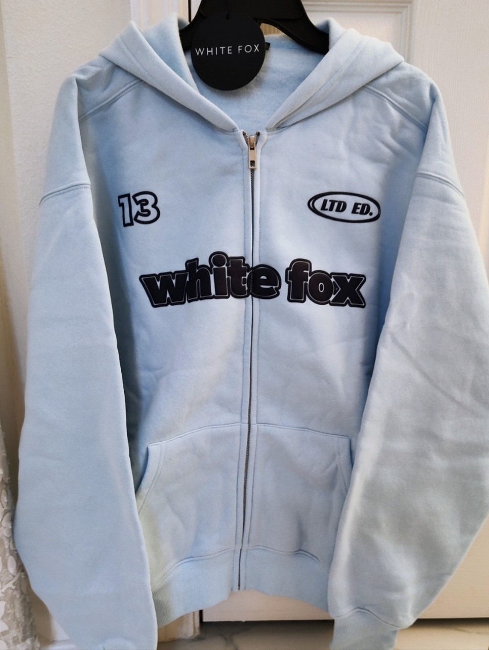 White Fox Zip Front Hoodie Baby Blue Oversized Fit XS/S